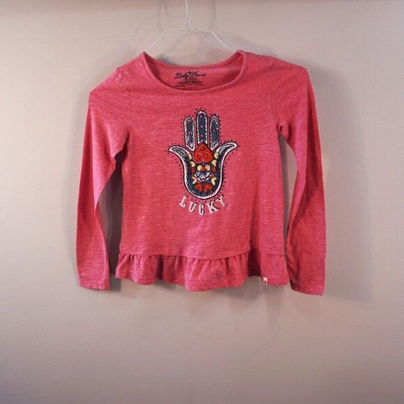 Lucky Brand Girls Top Sz M Pink Embroidered Hamsa Hand Long Sleeve Peplum Tee - Picture 5 of 7